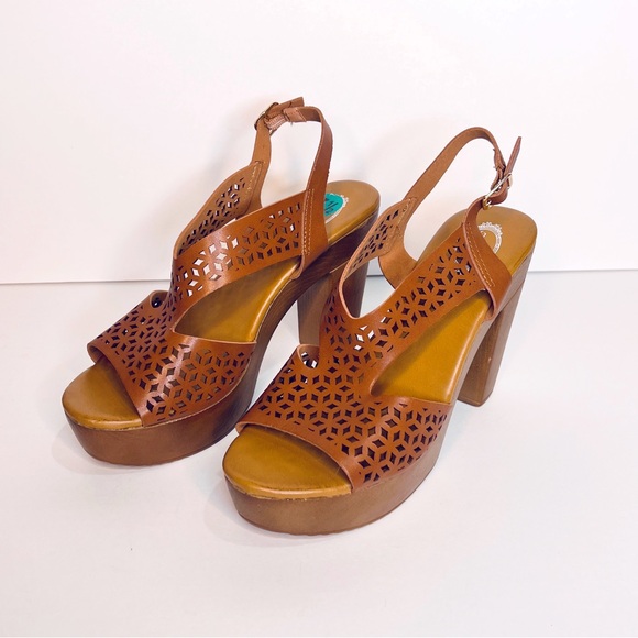 Atalina Women's Platform Faux Wooden Cognac Brown Open Toe Sandal Size 7.5 - Picture 6 of 7